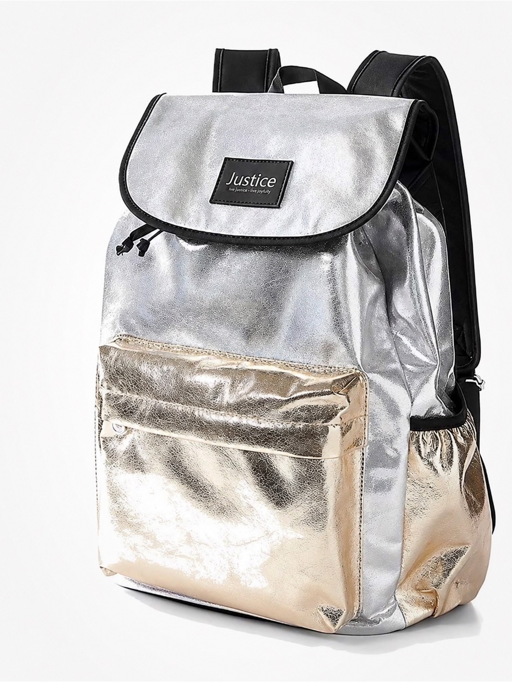Justice Girls Metallic Gold Silver Shimmer Backpack Drawstring School Bag